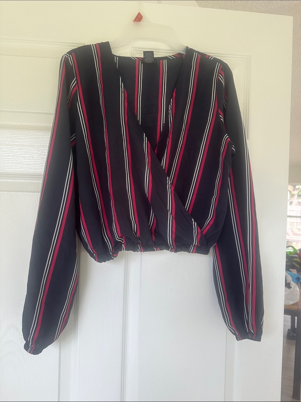 Rue21 Black Long-Sleeve Striped Wrap Crop Top with Red & White Stripes